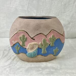 Southwestern Desert Scene Pottery Vase Cactus Sunset Relief Painted 5.5 Handmade